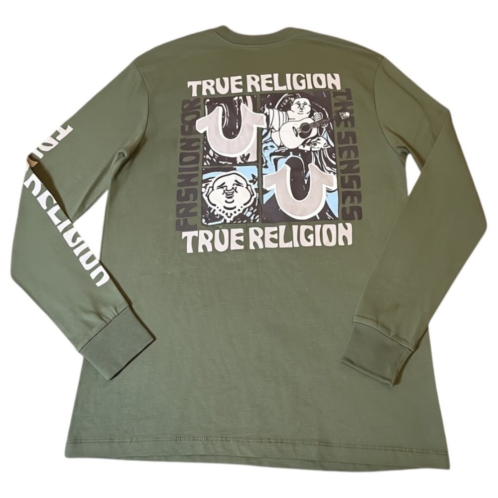 True Religion Long Sleeve T Shirt Mens Medium‎ Green New Buddha Graphic Cotton